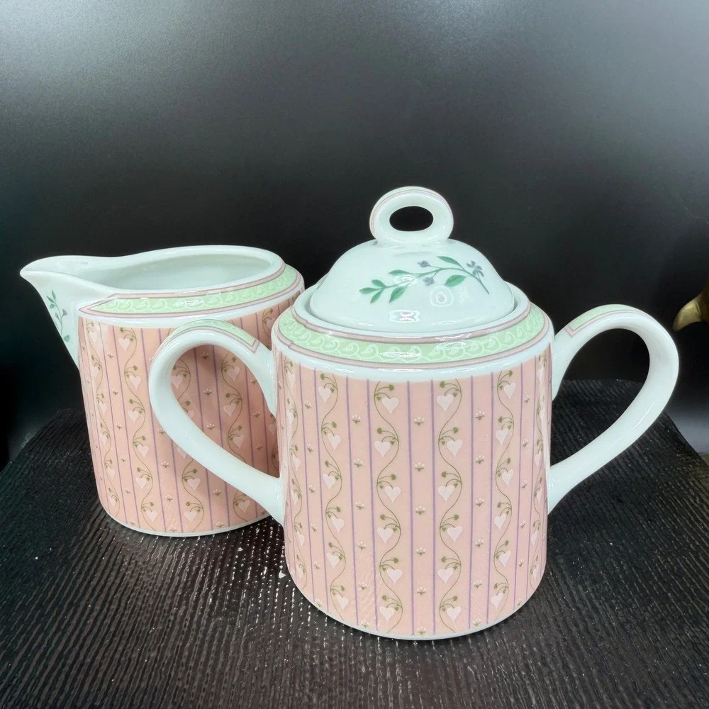 Lynn Hollyn Toscany Town Country Creamer Sugar‎ Bowl Set Pink Heart Stripe Japan